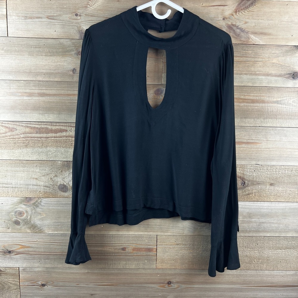 Free People Womens Shirt Long Flare Sleeve Choker Keyhole Black Size Large